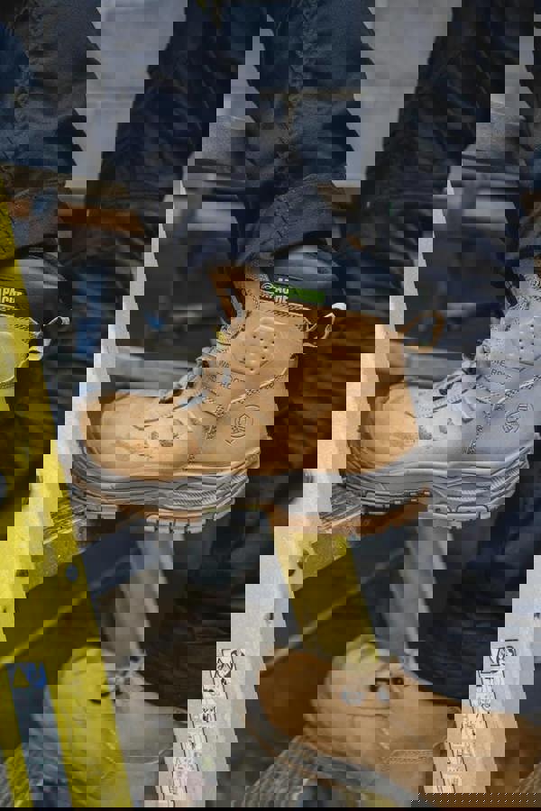 Apache Churchill Mens FIT GO Composite Toe S7S Safety Ankle Boots, tan waterproof work boots with black accents, sturdy rubber sole, and laced design for heavy-duty safety and protection.