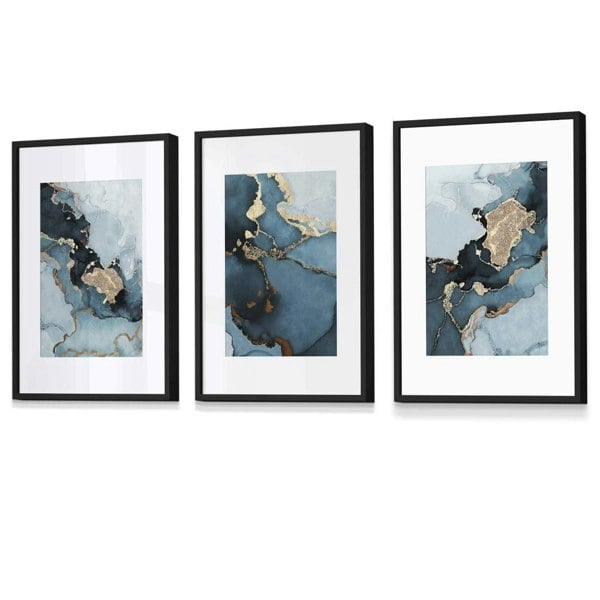 Set of 3 Abstract Teal Blue and Gold Framed Wall Art Prints | Artze Wall Art UK