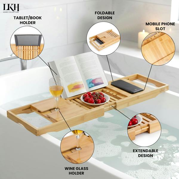 LKH HOME COLLECTION LKH Expandable Bamboo Bath Tray Caddy - Bathtub Rack with Wine Glass Holder, Mobile, Tablet & Book Stand - Retractable & Foldable