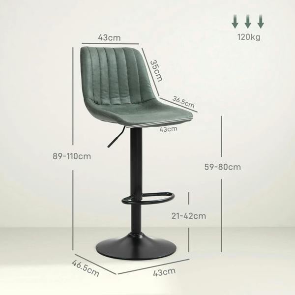 Green retro bar stool with tufted back and seat, black pedestal base, and footrest