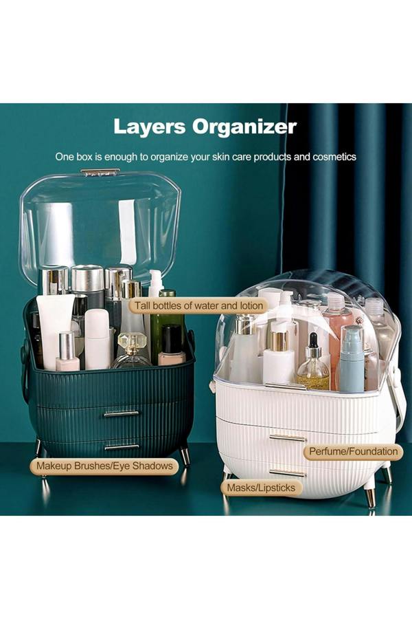 Dyzi Green & Clear Dustproof Makeup Organizer with 2 Drawers & Handle