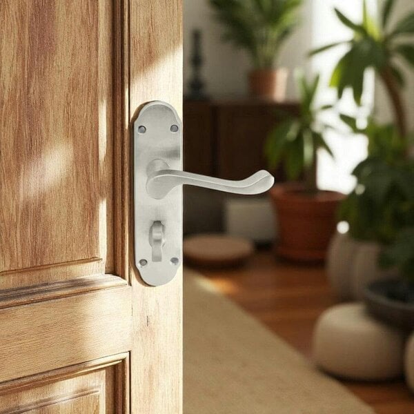 EDH Door Hardware Satin Nickel Bathroom Door Handle – Epsom Style Victorian Scroll Privacy Lever