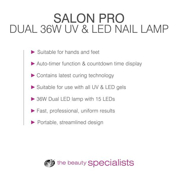 Bulleted text listing features: suitable for hands and feet, auto-timer function & countdown time display, contains latest curing technology, Suitable for use with all UV & LED gels, 36W Dual LED lamp with 15 LEDs, Fast, professional, uniform results, portable streamlined design