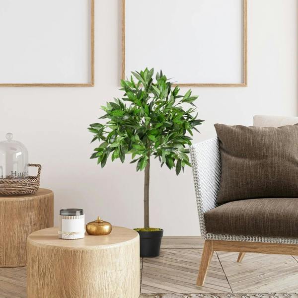 Artificial bay laurel topiary tree with green leaves and brown trunk, in black pot