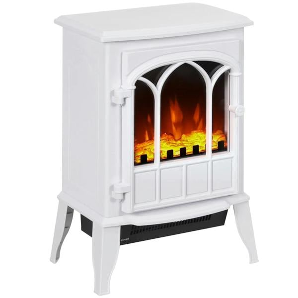 White freestanding electric fireplace with arched glass front and LED flame effect