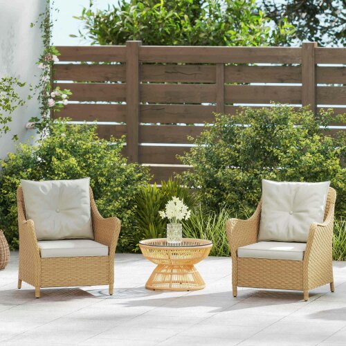 Wyld Haus Rera Rattan Beige Set Of 2 Outdoor Armchairs With Cushions Armrests And High Back