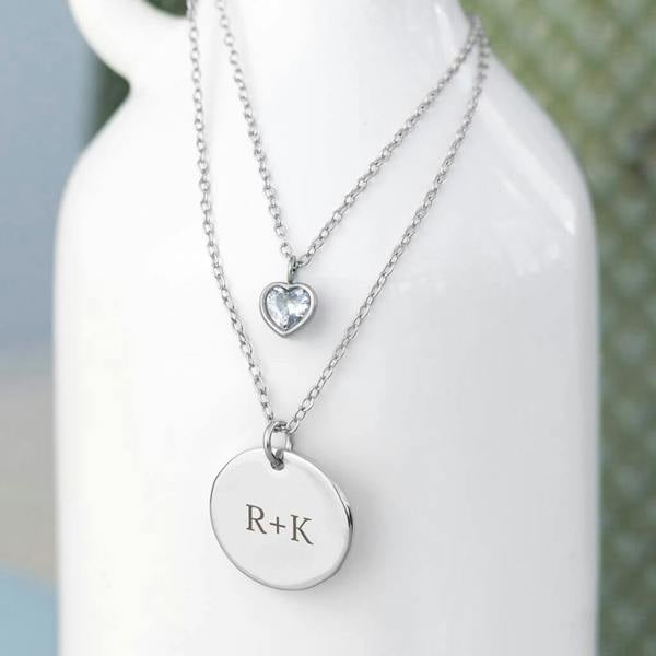 Personalised Layered Crystal Heart And Disc Necklace - close-up detail