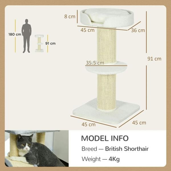 Cream 2-tier sisal cat tree tower shown with stacked round perches and square base