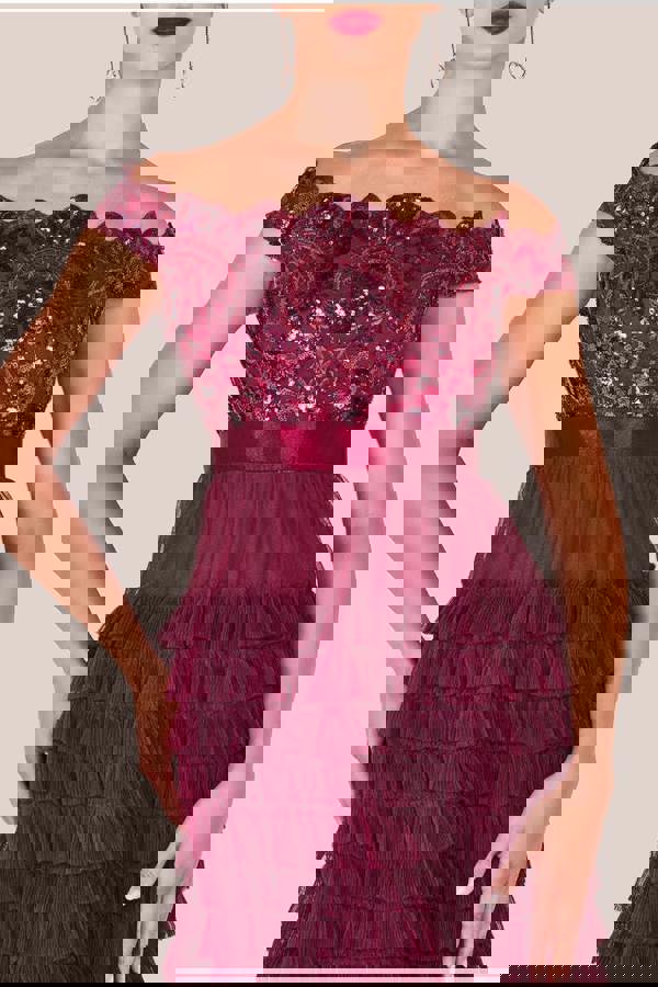 Scallop Bardot Ruffle Mesh Maxi - Burgundy DR3742