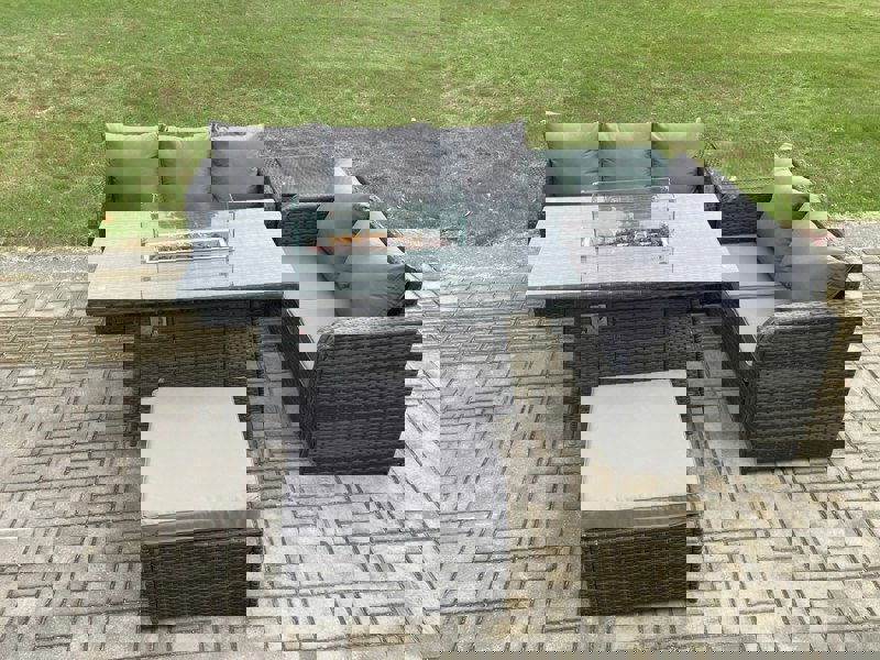 Fimous PE Wicker Outdoor Rattan Garden Furniture Set Propane Gas Fire Pit Table and Sofa set with Side Table Big Footstool