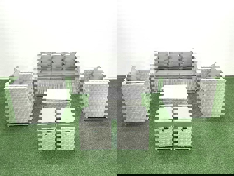 Fimous Rattan Garden Furniture Set with 3 Seater Sofa 2 Chair Rectangular Coffee Table 2 Small Footstools Light Grey Mixed 7 Seater