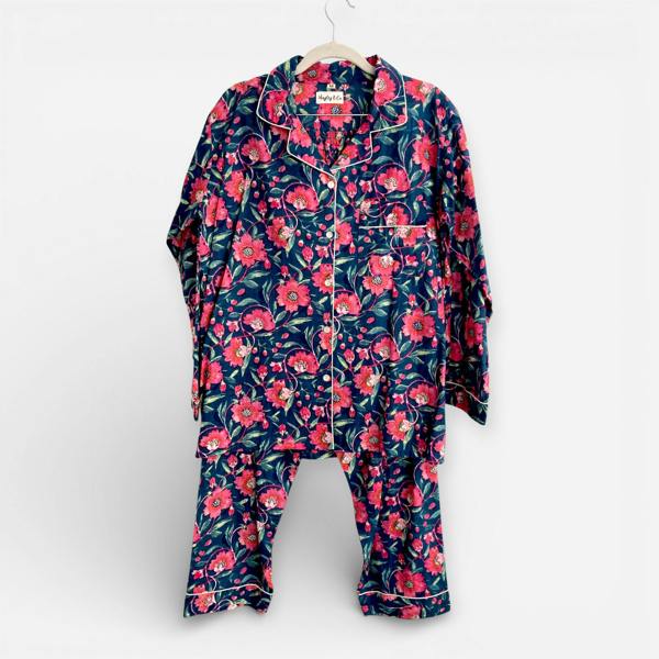 Hayley & Co Navy and Pink Block Print Floral 100% Cotton Long Pyjama Set