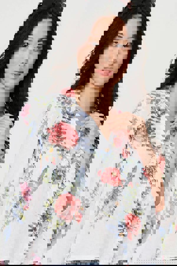 White | Floral 3/4 Turn-Up Sleeve Cropped Shirt