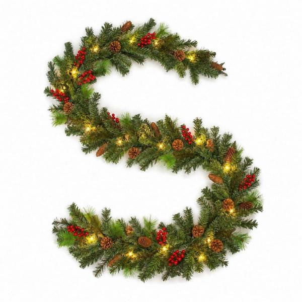 2m Green Christmas Tree Garland with Mixed Tips, Red Berries, Pine Cones and Warm White LEDs image 1