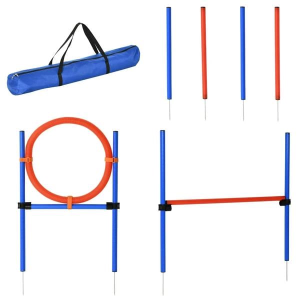 Dog agility obstacle set with blue and orange poles, orange hoop, and carrying bag