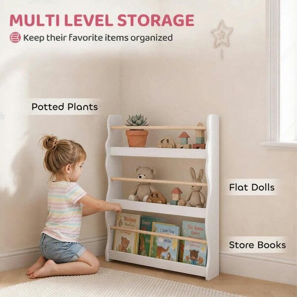 3-Tier Kids Bookshelf Wall Mounted, Kids Bookcase for Playroom, Living Room for Toddlers and Children Aged 3-8, White