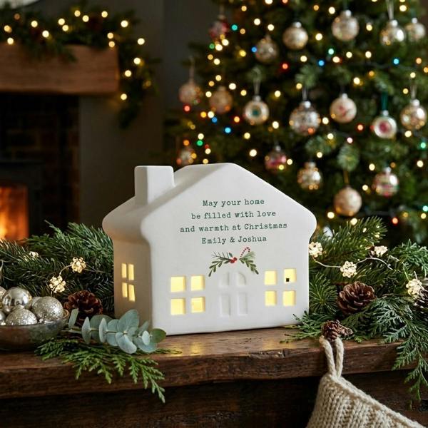 A personalised white ceramic LED light-up house decoration, with internal warm light glowing through cut-out windows, sitting on a wooden surface with a deeply lit Christmas tree background.