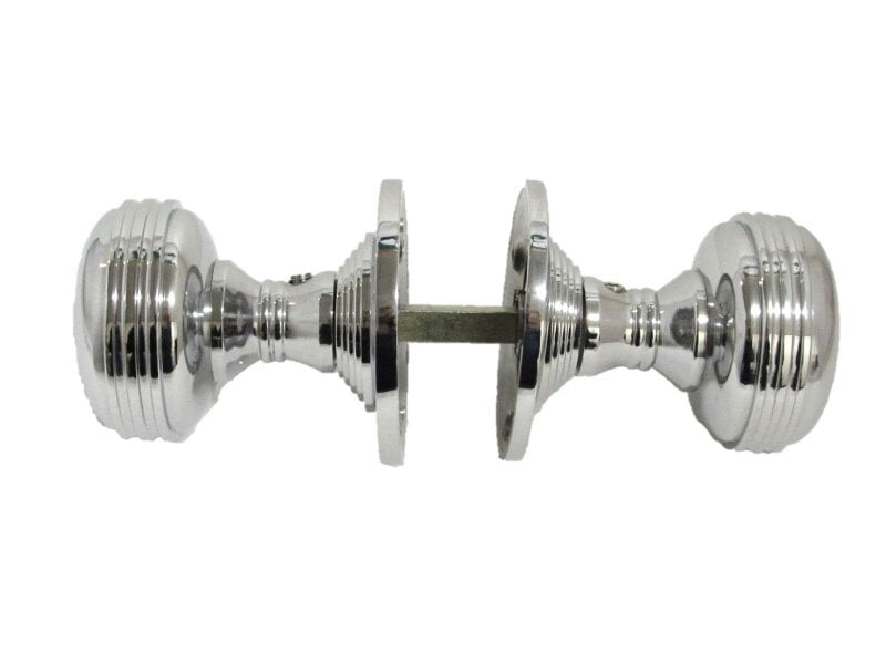 EDH Door Hardware Polished Chrome Reeded Door Knobs + Latch Set Sprung Handles 1 Pair