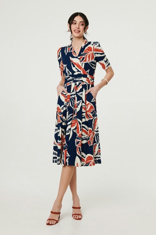 Navy | Floral V-Neck Pleated Midi Wrap Dress
