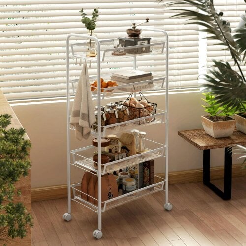 Wyld Haus Visovi Metal White 5 Basket Steel Storage Trolley With Wheels