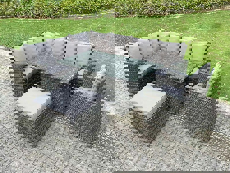 Fimous 8 Seater?Outdoor High Back Rattan Adjustable Rising Lifting Dining Table Corner Sofa Set Garden Furniture Set Dark Grey Mixed Left Hand