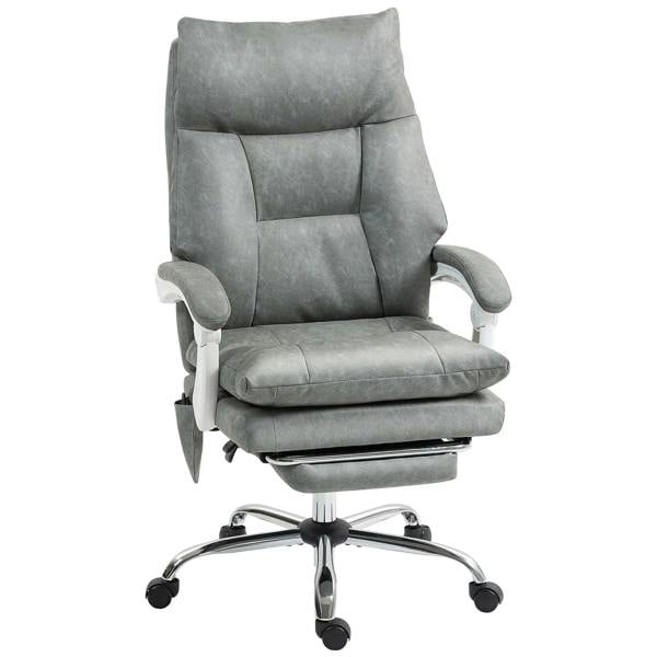 Grey faux leather office chair with inflatable lumbar, padded armrests, and caster base