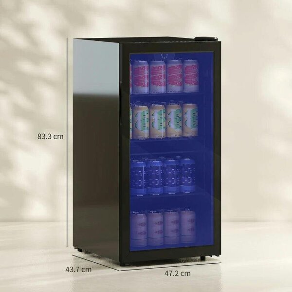 93L Drinks Fridge, 115 Can Freestanding Beer Fridge with Glass Door, Adjustable Shelves, LED Light, for Beer Soda, Black