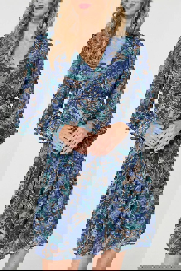 Blue | Printed Long Sleeve Pleated Short Dress
