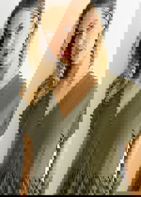 Gini London Khaki V Neck Pocket Smock Midi Dress