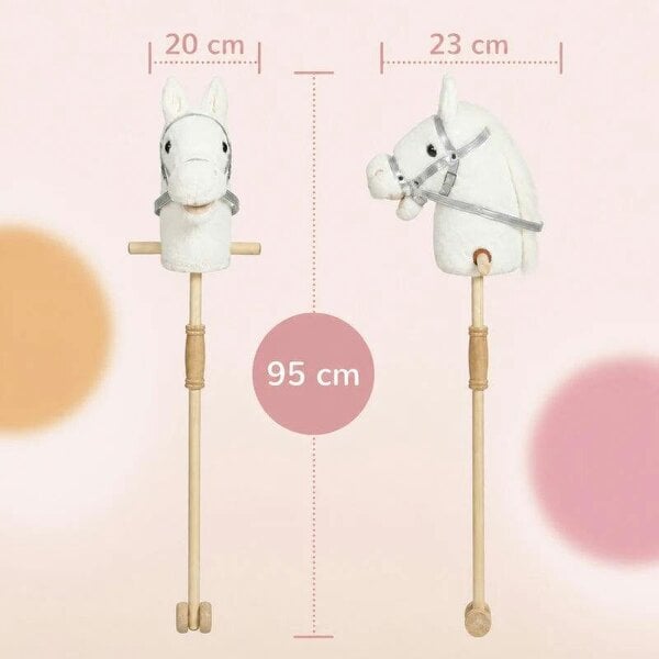 Bobobiy Hobby Horse with Wood Wheels, Stick Horse with Grip Handle, Hoofbeats Neighing, Gift for Imaginative Play, 95 cm, White