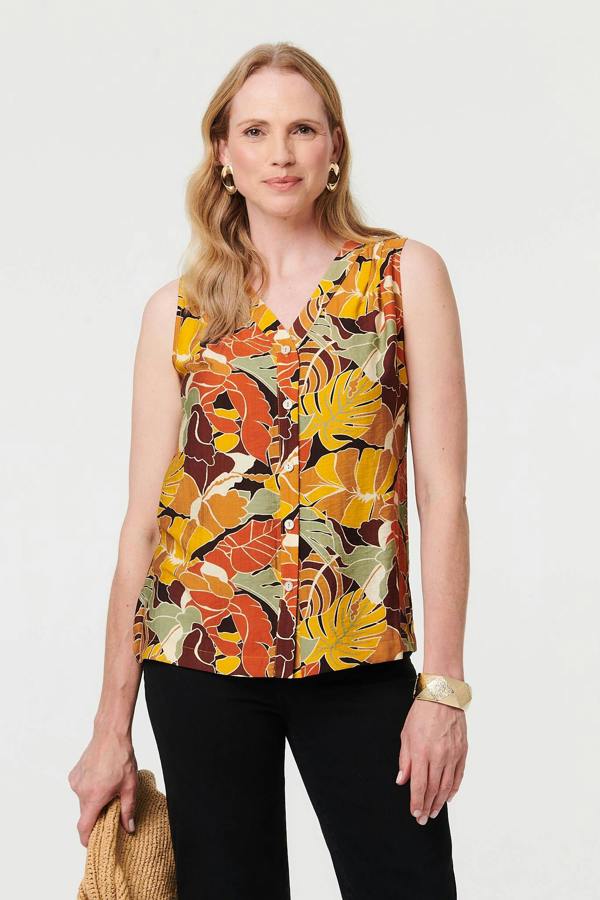 Orange | Leaf Print Sleeveless Buttoned Vest Top