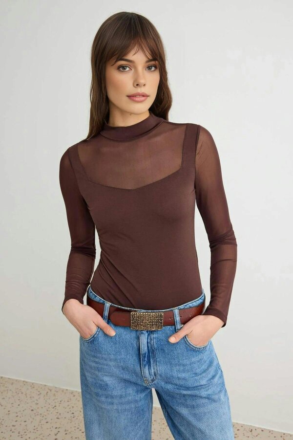 WOVCOR Tulle Detailed Stand-Up Collar Knit Bodysuit - Brown