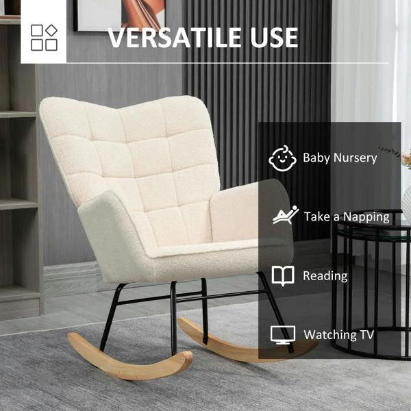 Beige wingback nursery glider rocker with plush arms and curved wooden base