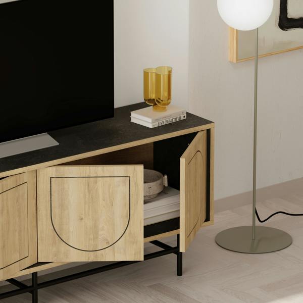 Decortie Modern TV Stand & Cabinet with 4 Doors, Laser-Cut Design, Fits up to 58-Inch TVs, Soft-Close Metal Legs, Oak-Moss Green