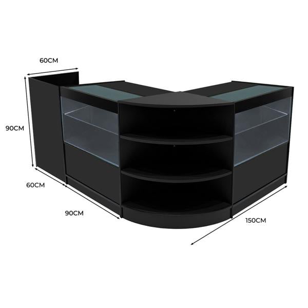 Black Eclipse LED Shop Counter Set featuring curved design, glass display shelves, and dimensions of 150cm x 90cm x 60cm