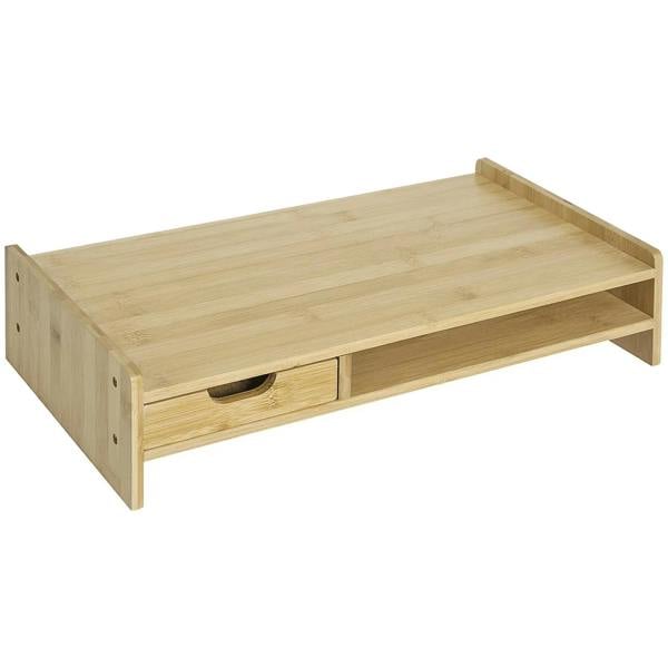 Bamboo monitor riser stand with built-in drawer and open shelf, natural wood finish