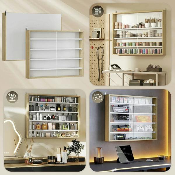 Wall display shelf cabinet with glass door and adjustable shelves, shown mounted in a room