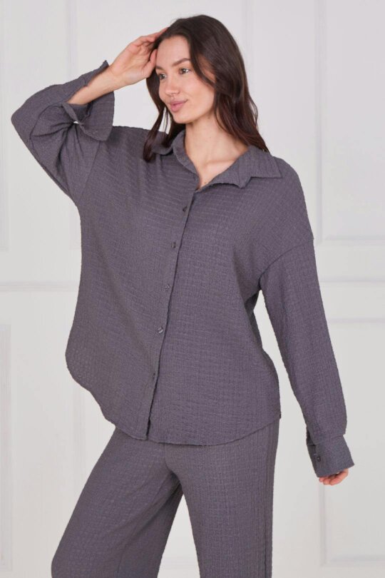 Elaina Fashion Textured Shirt & Wide-Leg Trouser Co-Ord Set