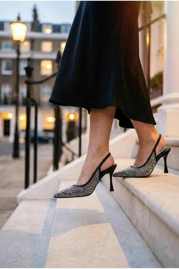 Cordelia Embellished Mesh Pointed Toe Heels - Black