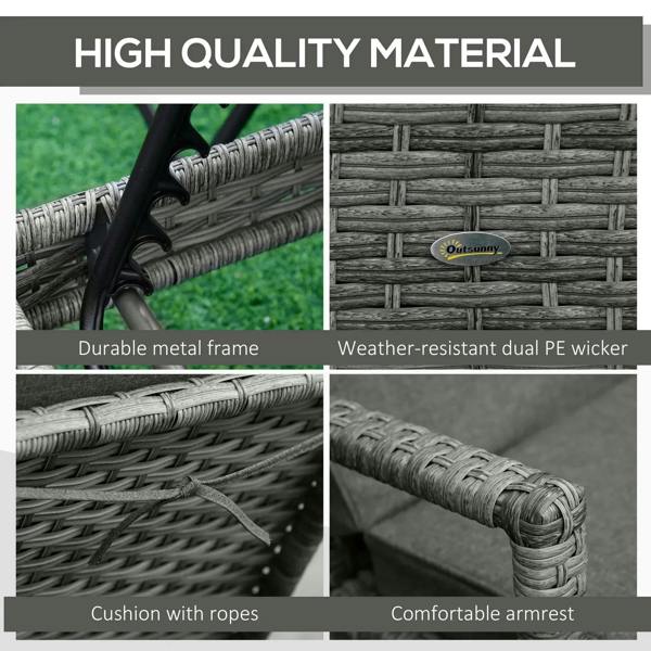 Grey rattan lounge chair materials: woven wicker and padded cushion with rope detail