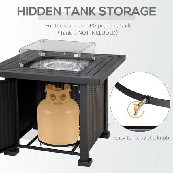Black fire pit table with hidden propane tank storage compartment and burner area