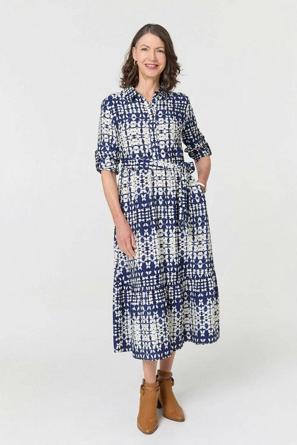 Navy | Printed Tie Front Midi Shirt Dress
