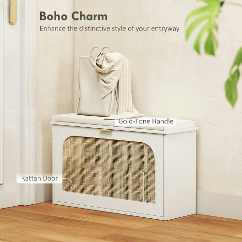 Wyld Haus Kekami Wooden White Boho Style Shoe Bench With Cushioned Seat And Flip Drawer