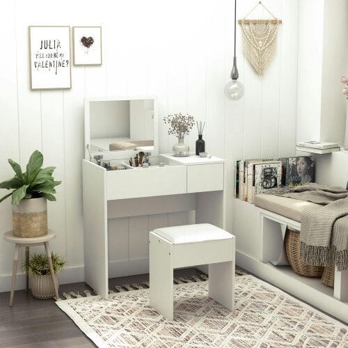 Wyld Haus Firazzi White Vanity Desk With Flip Mirror Drawer Storage And Cushioned Stool