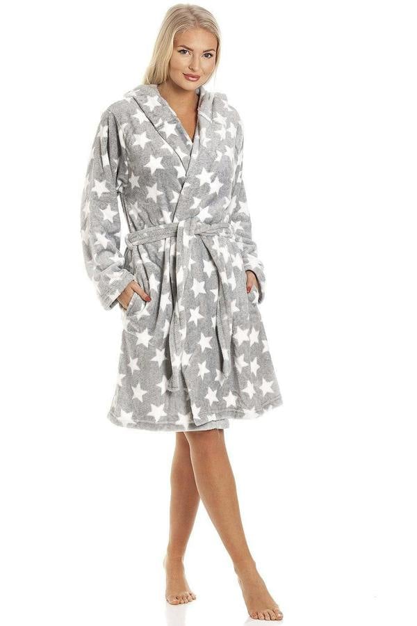 Grey Supersoft Velour Fleece White Star Hooded Bathrobe