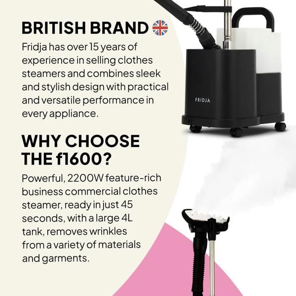 Promotional graphic for Fridja's Commercial Garment Care Duo – f1600 Steamer & f40 Fabric Shaver, a British brand with 15+ years of garment care expertise, featuring sleek design and product images.