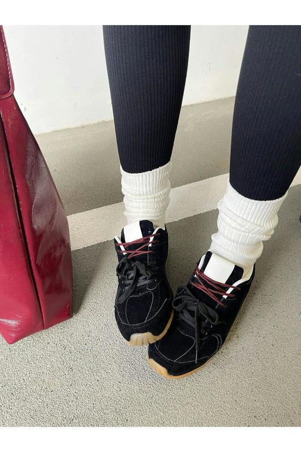 Molly Double Contrast Lace Up Flat Trainers - Black