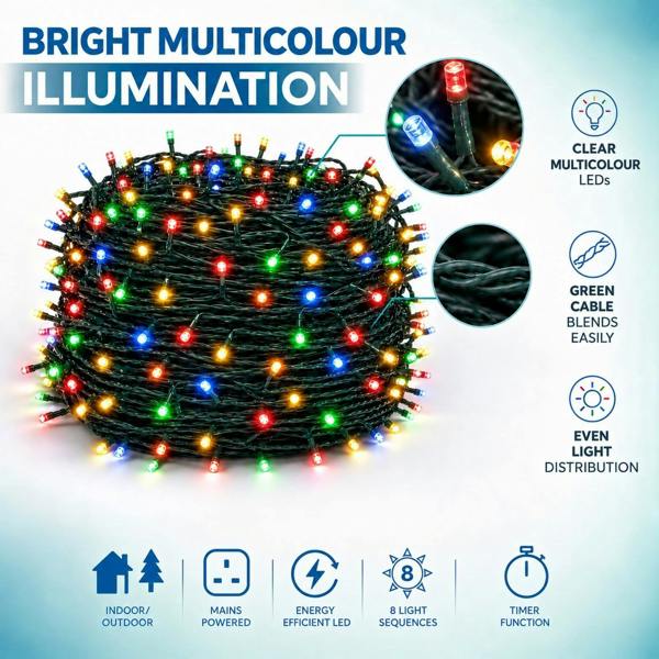 Multicolour Fairy String Lights with 8 Modes, Mains Power, Memory and Auto Timer, Green Cable, 300 to 1000 LED Options image 3