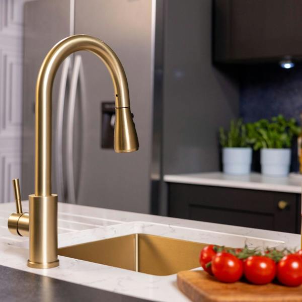 Flode Runda | Kitchen Sink Mixer with Pull out Spray | Brushed Brass | Oval Head