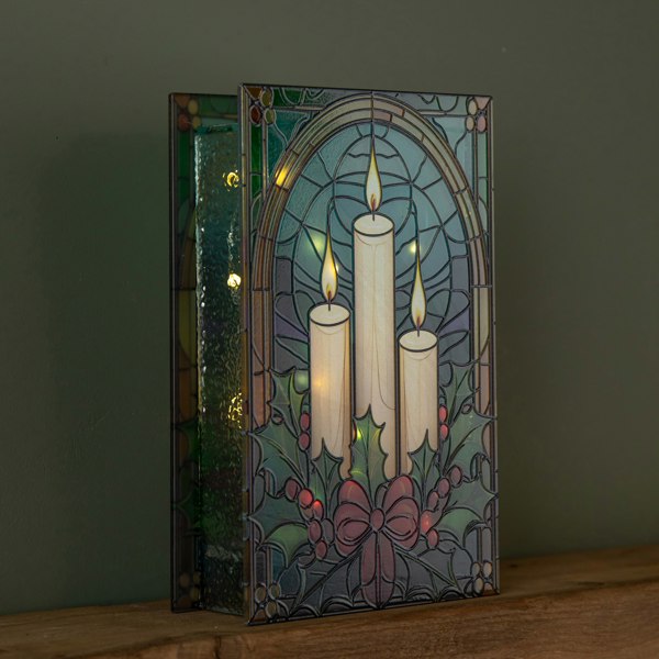 Samuel Alexander 21cm Battery Operated Light up Stained Glass Christmas Decoration with Candles & Holly with Warm White LEDs